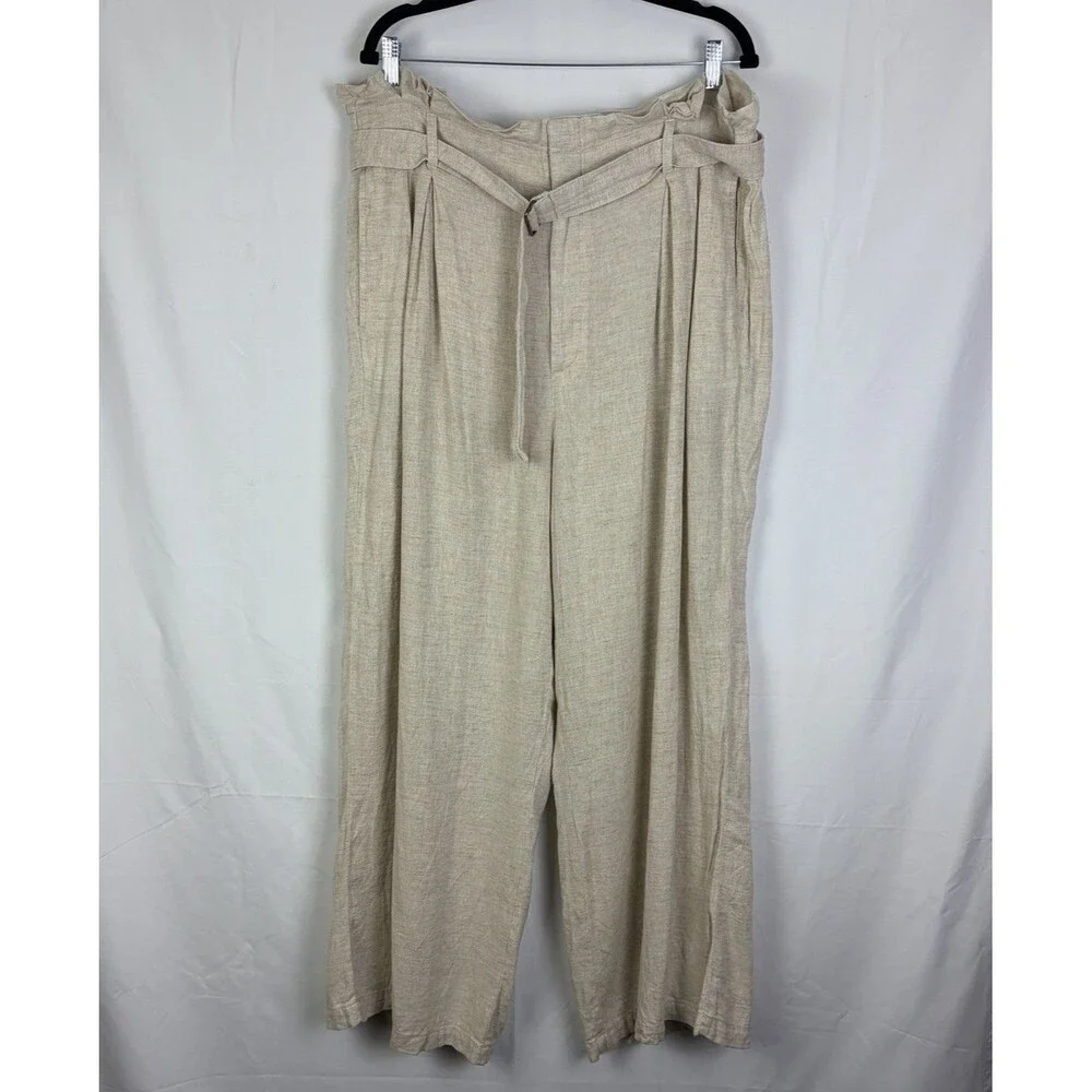 Banana Republic Linen Blend Pants Sz 18 Wide Leg Belted Coastal Paper Bag Waist